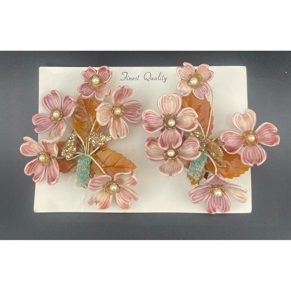 Vintage Lucite Floral Clip Earrings Pink Carved Flowers Beaded 3" ear‎ climbers